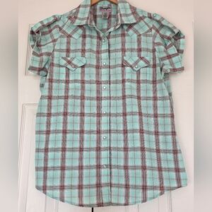 Wrangler Women's Sleeveless Plaid Shirt - Mint Green and Brown Size L